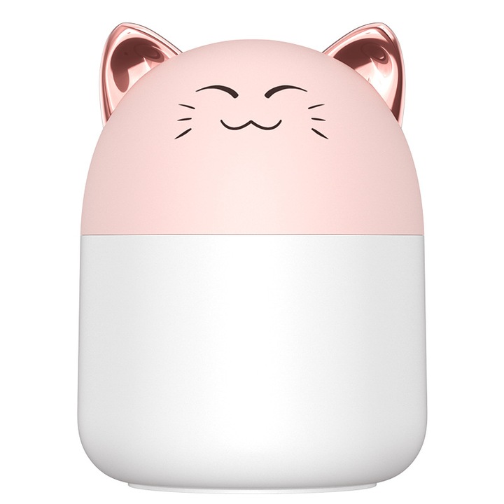 Umidificator cu design pisica, lumina ambientala colorata, 220ml, roz si alb, 8x8x10cm