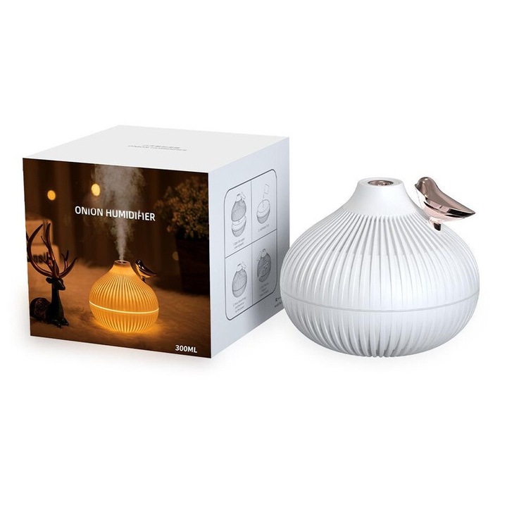 Kreatív hagyma alakú párásító, művészi dísz, űrtartalom 300ml, éjszakai lámpa, 116x116x102mm, fehér