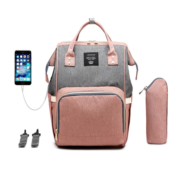 Rucsac multifunctional, capacitate mare, incarcare USB, potrivit pentru mama si bebelus, roz, 43x26x16 cm, fibra de poliester