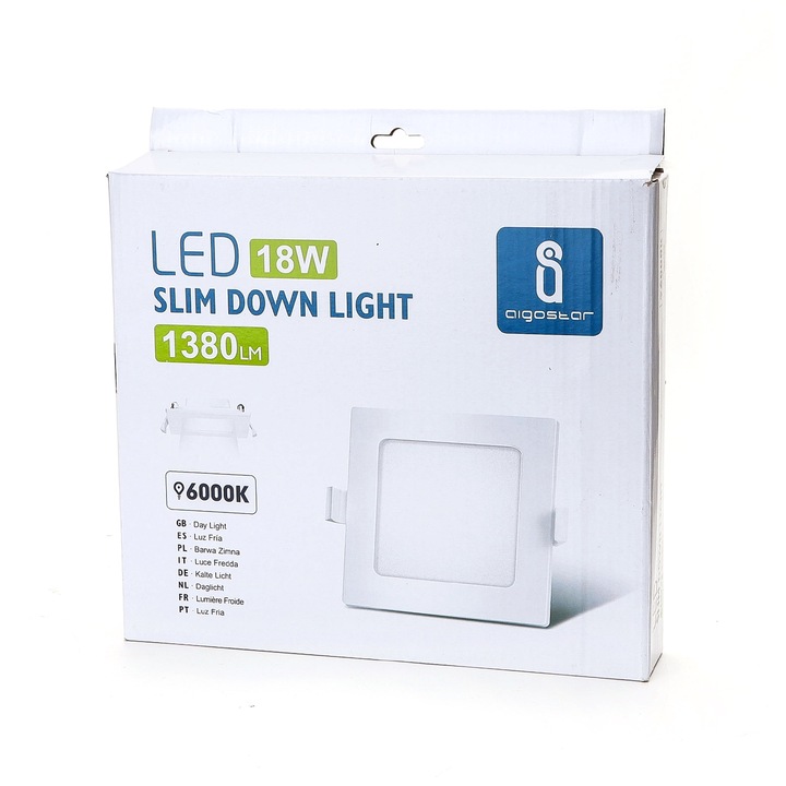 LED mennyezeti lámpa, ultra vékony, négyzet alakú, AIGOSTAR, 18W, nappali fény 6000K, 220x220x30.5mm, fehér, 1 db-os készlet.