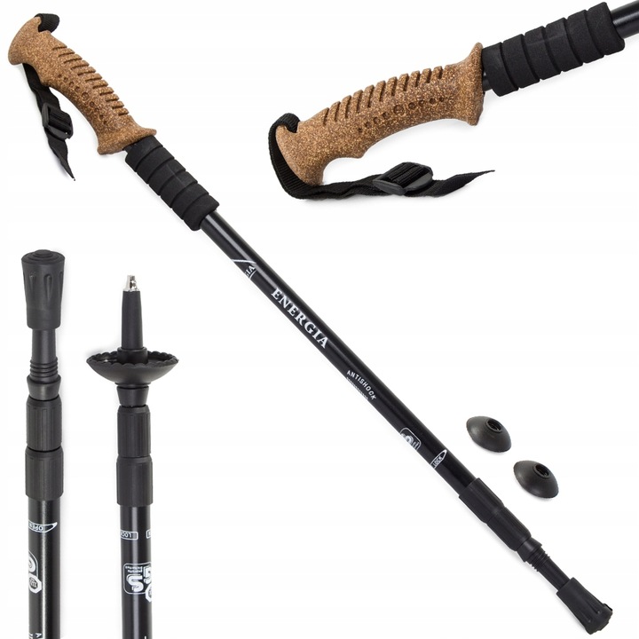 Bete trekking, Nordic Walking, Aliaj Aluminiu, 3 Segmente, Sistem ANTI-shock, 64-135 cm, Negru