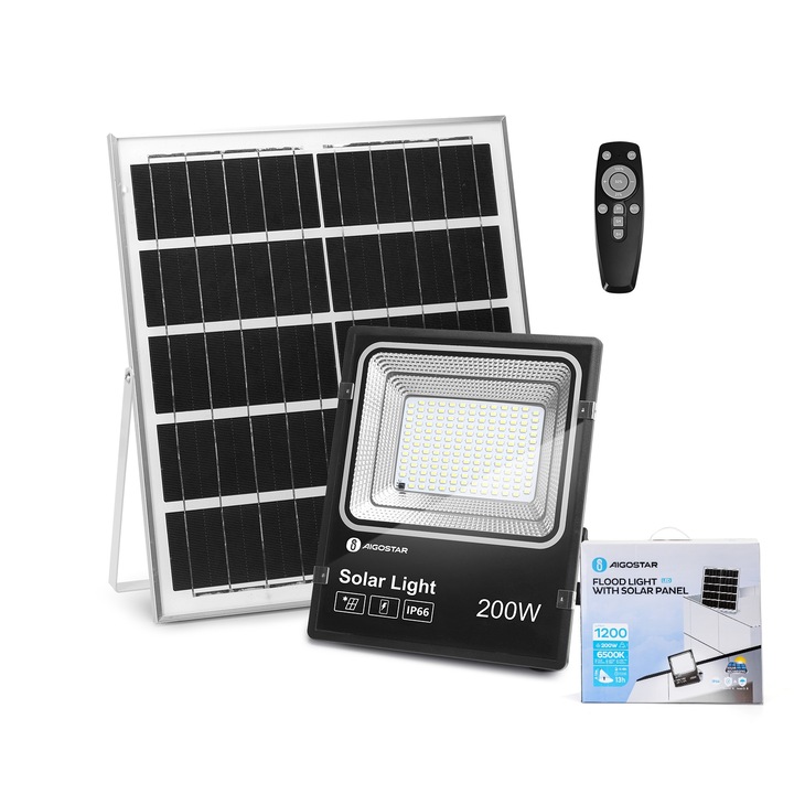 Соларен LED прожектор Aigostar, полисилиций, 200W, 6500K, IP66, черен, 290x240x42mm