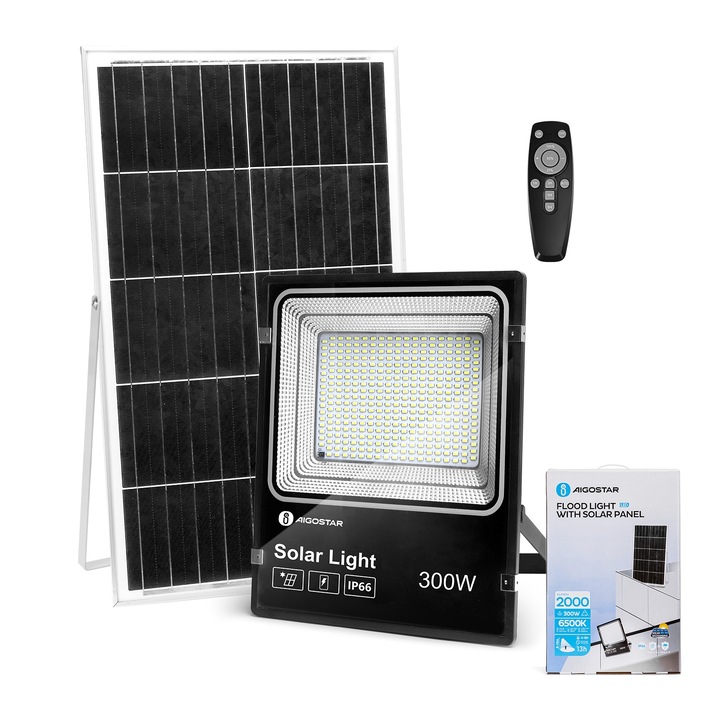 Соларен прожектор Aigostar, 300W, 2000lm, черен, 350x290x43mm