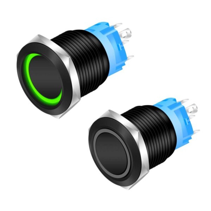Buton Push Negru 19mm cu Retinere si Led Verde, Mufa Inclusa