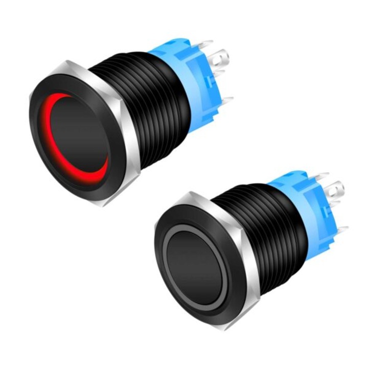 Fekete 19 mm-es nyomógomb rögzítővel és piros LED-del, csatlakozóval