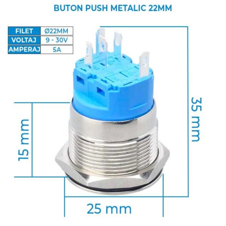 Nyomógomb, 22mm-es, 12-24V, kék LED, csatlakozóval