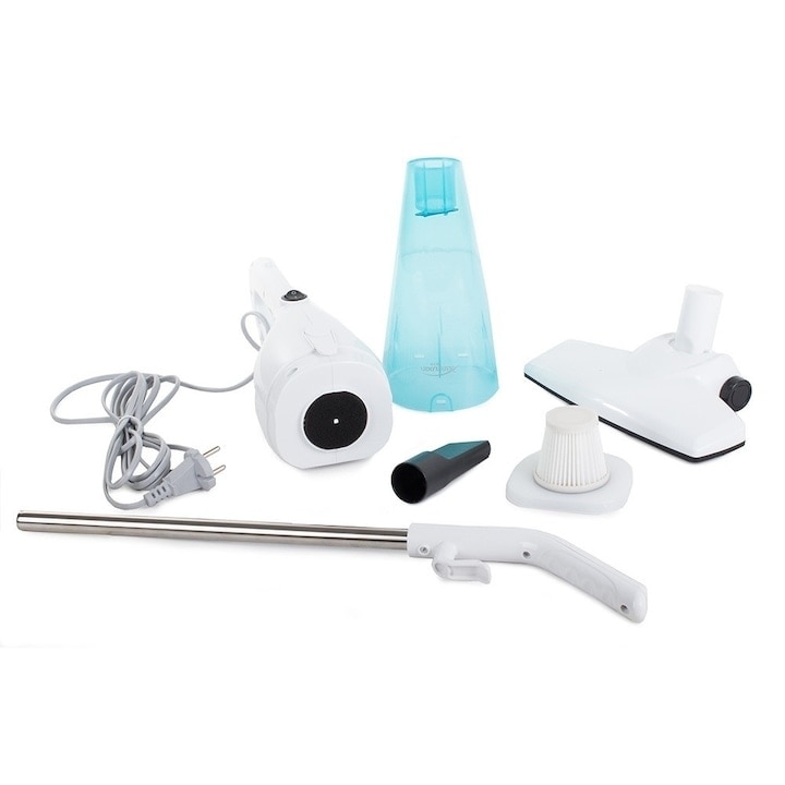 Aspirator 2 in 1, portabil, putere 600W, cu accesorii, filtru HEPA, control pe maner, indicator recipient colector plin, Compartiment scame detasabil, alb