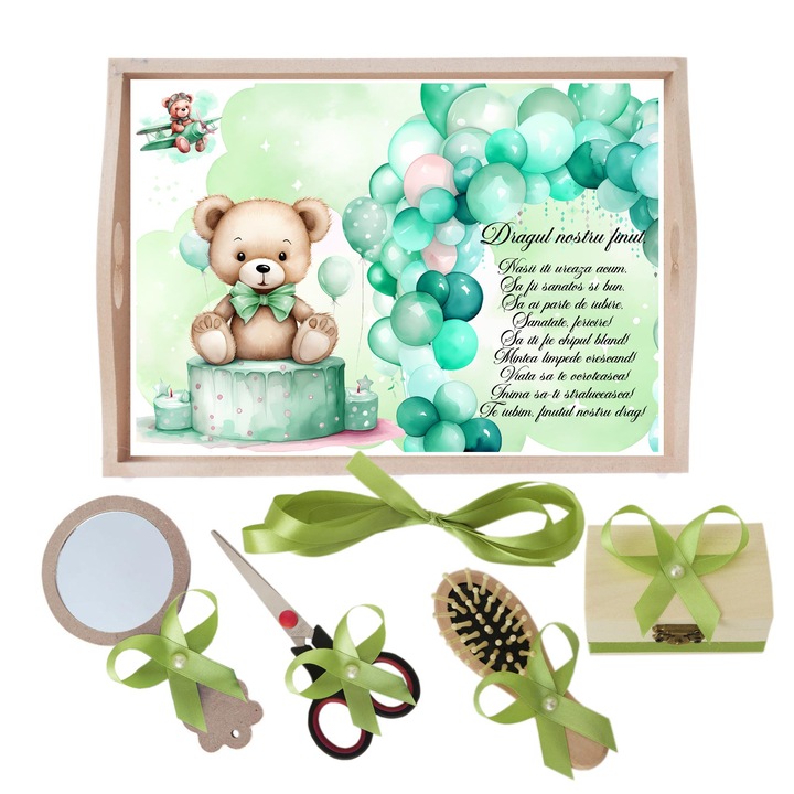Set tava pentru taiere mot/turta, model cu Ursulet cu baloane, Verde olive, 6 piese, 35x20 cm, Recostore®, REC1967/271