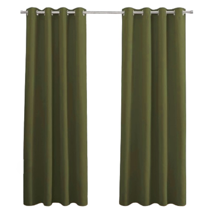 Set de 2 perdele PONY DANCE, cu inele metalice, opace, 115 x 140 cm, Verde masliniu
