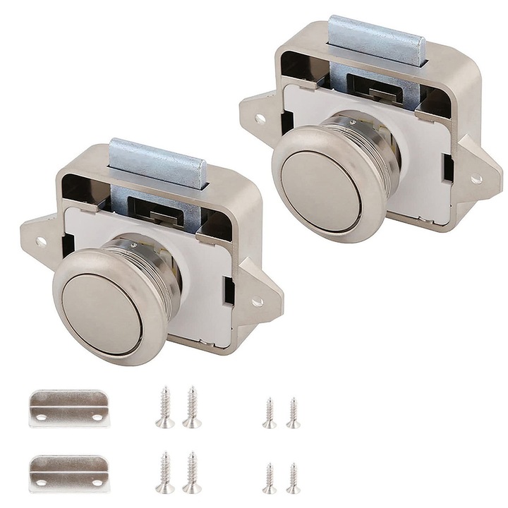 Set 2 incuietori buton pentru mobila, zinc, culoare nichel, pentru sertare si usi
