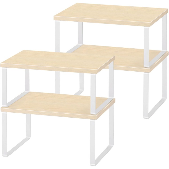 Set de 4 etajere organizatoare, SpiceRack, din lemn, cu picioare metalice, 19.6 x 30 x 15.8 cm, Alb si natur