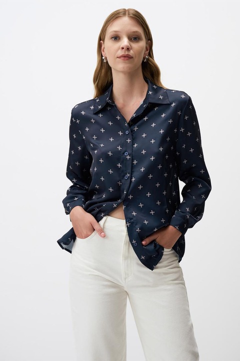 JIMMY KEY, Camasa cu model si aspect de satin, Alb/Bleumarin, S