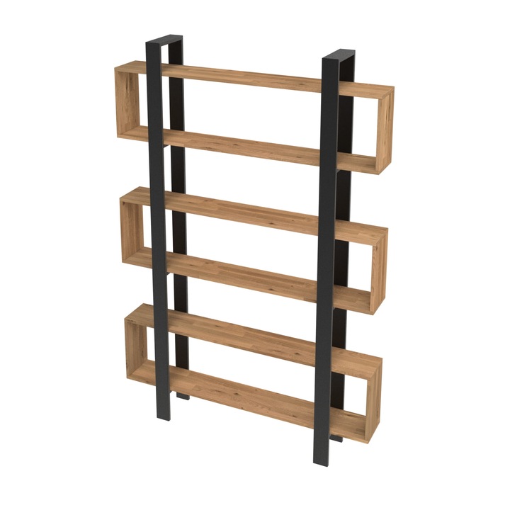 Steybl háromlépcsős polcok, egyedi design, 215x140x20cm, fekete, tölgyfa