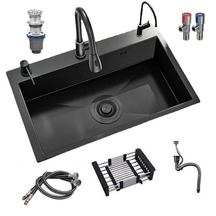 Комплект кухненска мивка Golxmse, Издърпващ се чучур, Пречиствател на вода, Телескопична кошница, Черен, 60x45 см