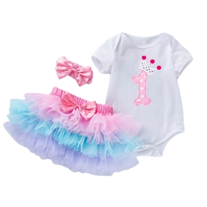 Set aniversar 1 an Princess, body alb maneca scurta, fusta tull roz cu albastru si mov si bentita roz 80cm