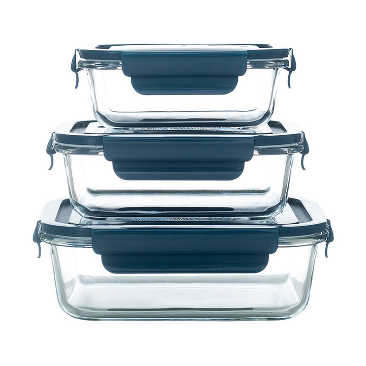 Комплект от 3 кутии за храна Golxmse, боросиликатни, херметични, прозрачни, 410мл/700мл/1000мл