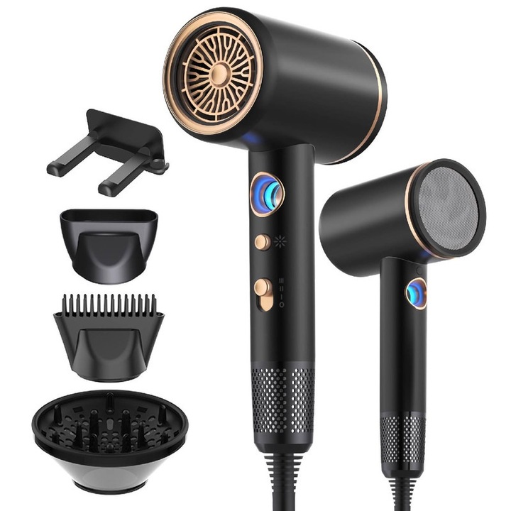 Professzionális hajszárító, 2400W, gyors száradás, hideg és meleg levegő, ionizáció, fekete arannyal, tartozék készlet