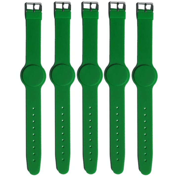 Set 5 bratari RFID proximitate din silicon, verde, tehnologie TK4100 (125 KHz)