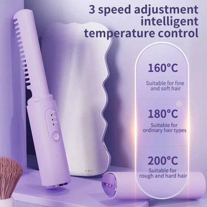 Placa de indreptat si ondulat parul, portabila, cu acumulator 4000mAh, 3 setari temperatura, invelis ceramic, mov
