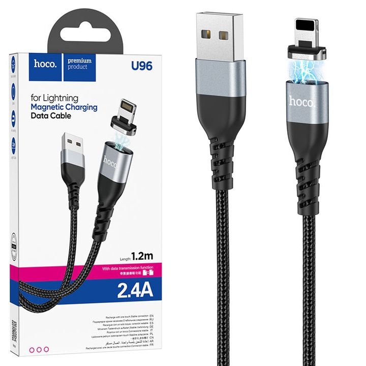 Cablu magnetic USB-A la Lightning pentru incarcare si sincronizare date, 2.4A, 1.2m, Hoco U96 Traveller, Negru