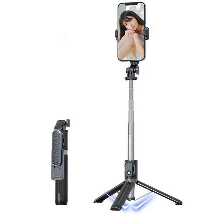 SIKS Professional teleszkópos fotóállvány, állítható, Bluetooth távirányítós telefonhoz, szelfi stick funkció, univerzális, alumínium/műanyag, fekete