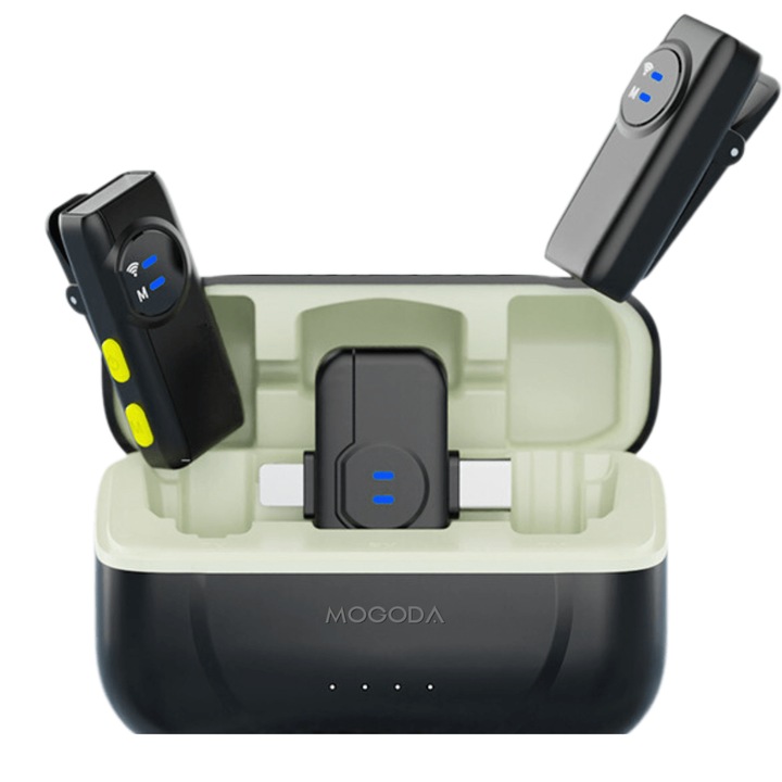 Комплект от 2 lavalier микрофона, MOGODA, USB C, Lightning, Wireless live, Презареждаем, 10h микрофон, 30h кутия, Намаляване на шума, Съвместим с телефон, лаптоп и DSLR камера