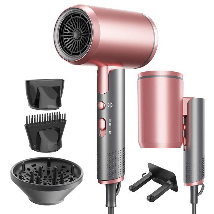 Összecsukható hajszárító, gyorsan száradó, hideg-meleg levegős, diffúzorral és tartozékokkal, rózsaszín