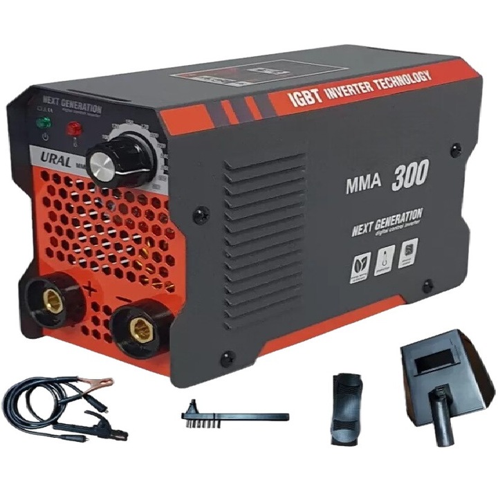 Invertor-Aparat de sudura 4 accesorii, tip MMA, 300A, tehnologie IGTB, electrod 1, 6-5mm, curea de umar, ciocanel cu perie, cablu sudura lung 3 Metri