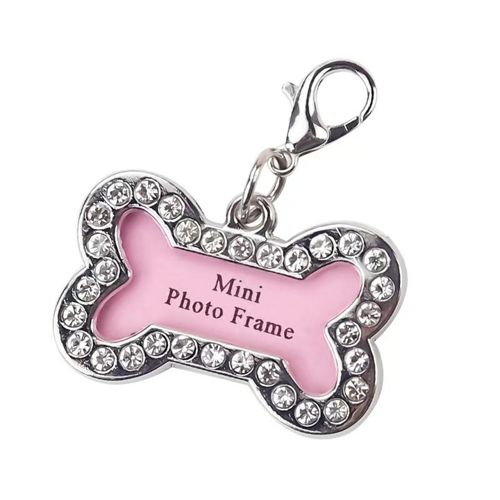 Colier prevenire pierdere animale, pandantiv diamante, roz