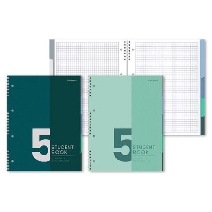 Set 5 Caiete A5 cu spirala, TOP 2000 Student Book, 100 file caroiate, perforate, verde/niebieski, 224x187mm