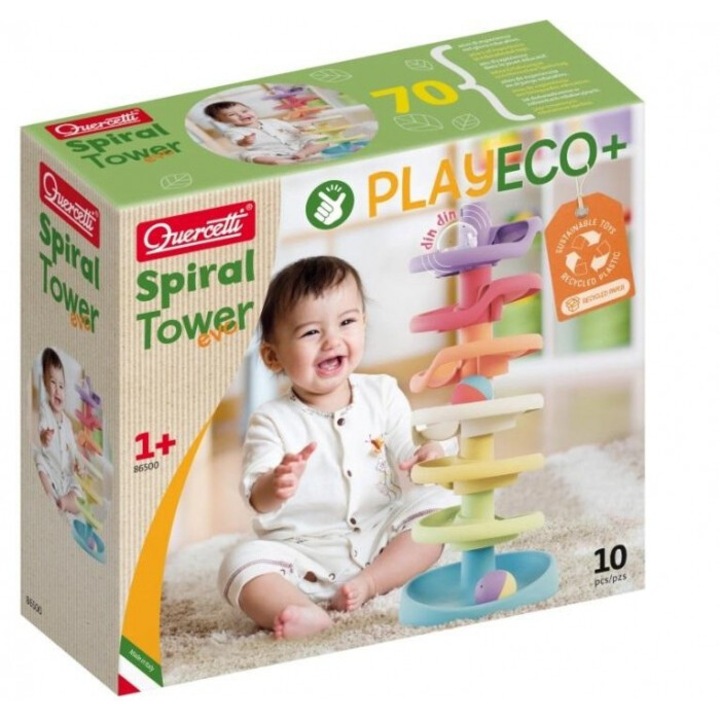 Turn de joaca cu bile Playbio Spiral Tower evo Quercetti, lemn, multicolor, 312x344 mm