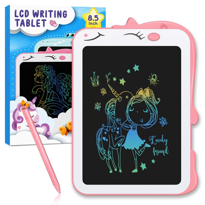 Tableta desenat electronica LCD, de scris si desenat, cu scriere color si functie de stergere, 8.5 inch, pentru copiii de 3 pana la 8 ani, model unicorn, Roz