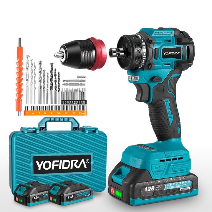 Fúró-csavarozó gép Yofidra, 2 sebesség, 18V, kefe nélküli motor, LED, 31 tartozék készlet, kék, 2 akkumulátor, 1,5AH