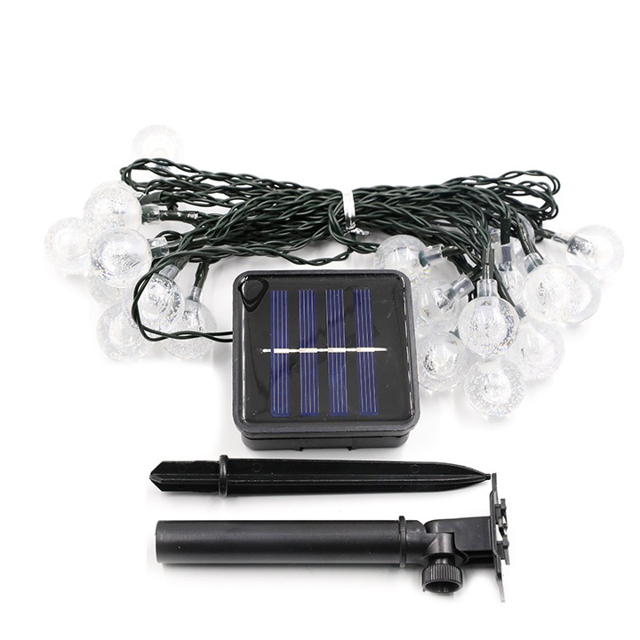 Sir luminos solar pentru exterior, 100 becuri LED, 12m, IP65, lumina calda, negru