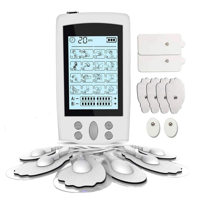 Aparat de masaj cu stimulare electrica / terapie fizica, BOMSTOM, 16 moduri de masaj, 20 de niveluri de intensitate, 8 tampoane, doua canale de masaj independente, impuls electronic, afisaj LED, amelioreaza oboseala musculara si durerea，alb
