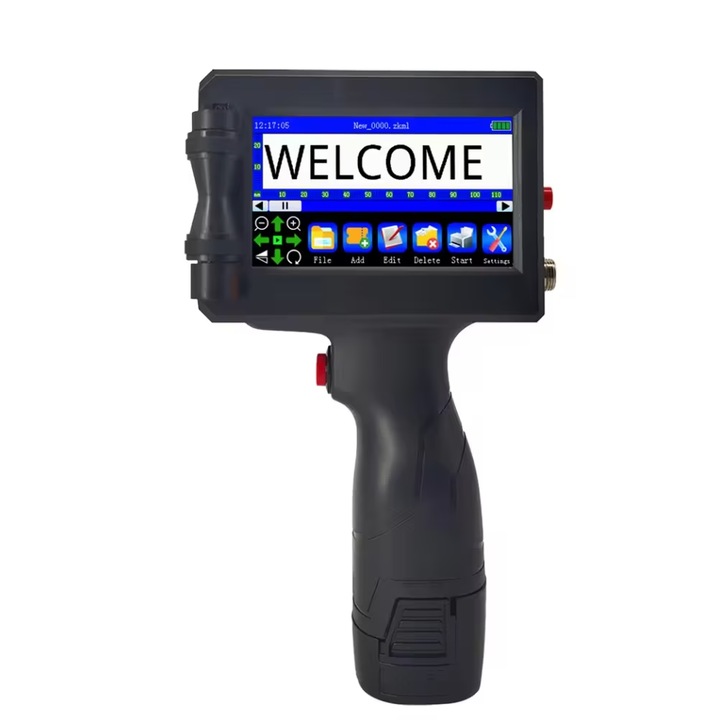 Преносим принтер Chigoods® Inkjet, тип пистолет, сензорен екран, печат на лого, баркод, дати на изтичане, QR кодове, за множество повърхности, бързо съхнещо мастило, вградена черна касета, устойчивост на трансфер, размер на печат 2-12,7 mm, черен