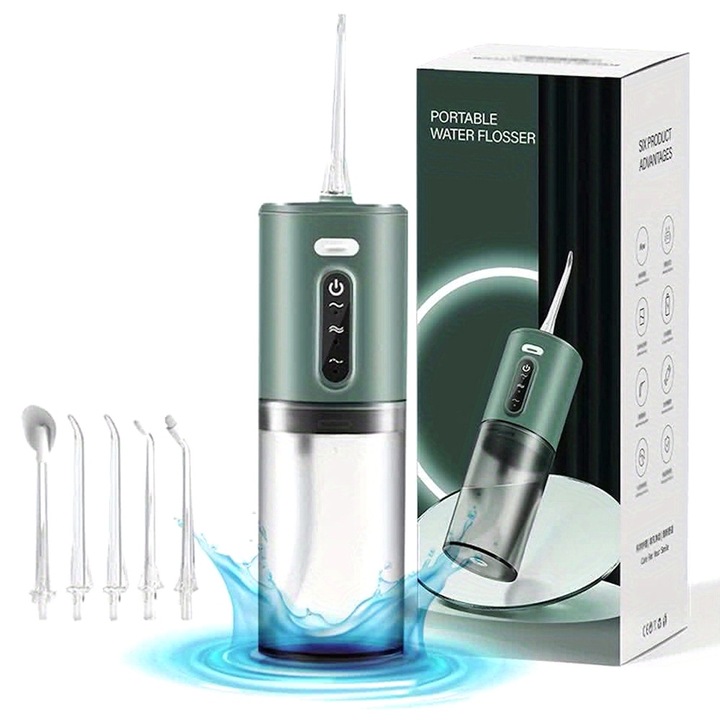 Professzionális Szájzuhany, Begleri®, masszázs funkció, 360°-os forgatás, hordozható, 3 üzemmód, 800mAh akkumulátor, 5 fúvóka mellékelve, 280 ml, zöld