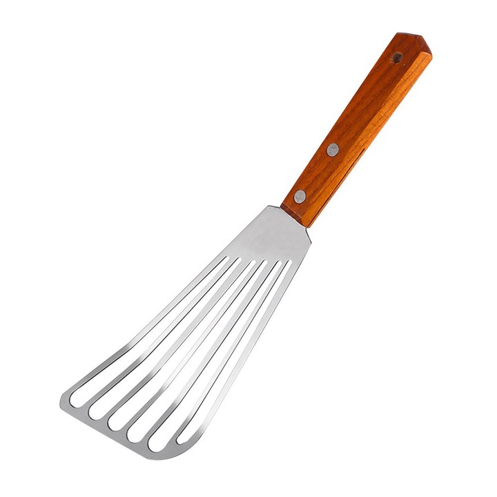Spatula din otel inoxidabil pentru peste, design cu margine inclinata, manere din lemn