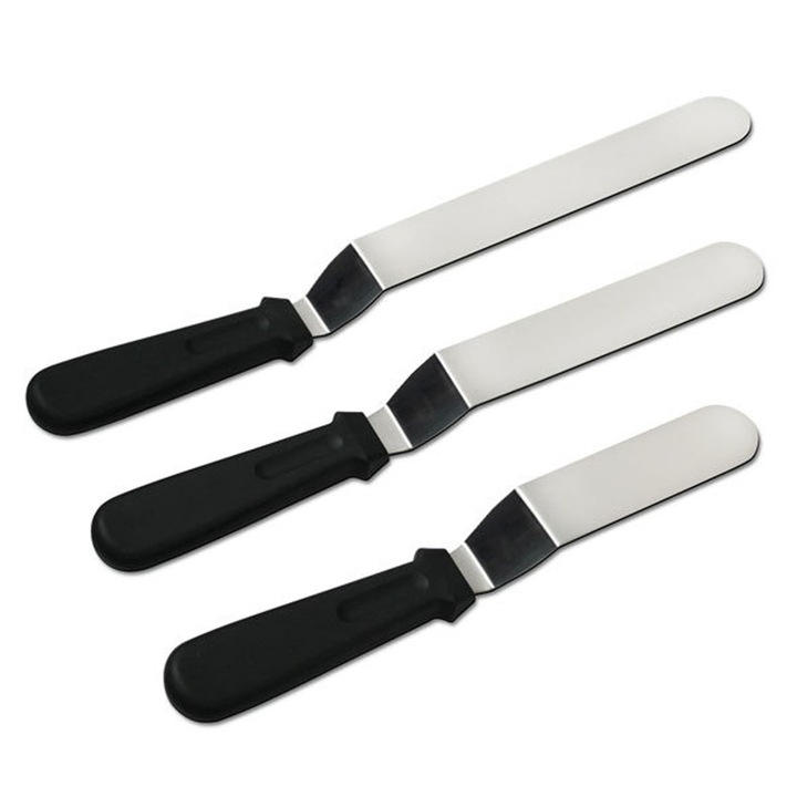 Set 3 spatule pentru decorat prajituri QttvbTna, inox, negru, 28x2.9cm/32.8x3cm/38x3.2cm