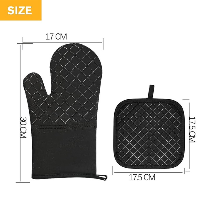 Szilikon sütőkesztyű készlet, 30 cm, fekete, kockás mintával, 4 darabos