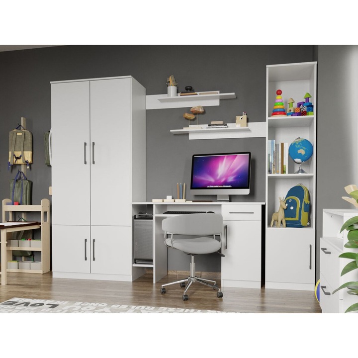 Set Mobila Camera Tineret, Mihai C01, Dulap 83 cm, Corp polite, Birou, 2 Polite Suspendate