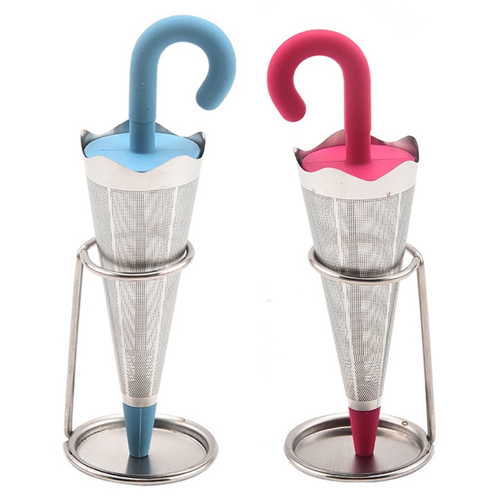 Infuzor de ceai reutilizabil Enforose, design umbrela, filtru din otel inoxidabil, cu suport pentru picurare