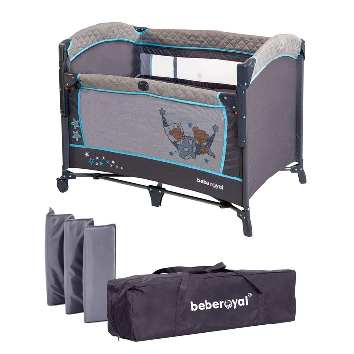 Patut pliant cu 2 nivele si laterala culisanta DREAMING BEAR albastru, dimensiune exterioara 109 x 73 x 82.5 cm