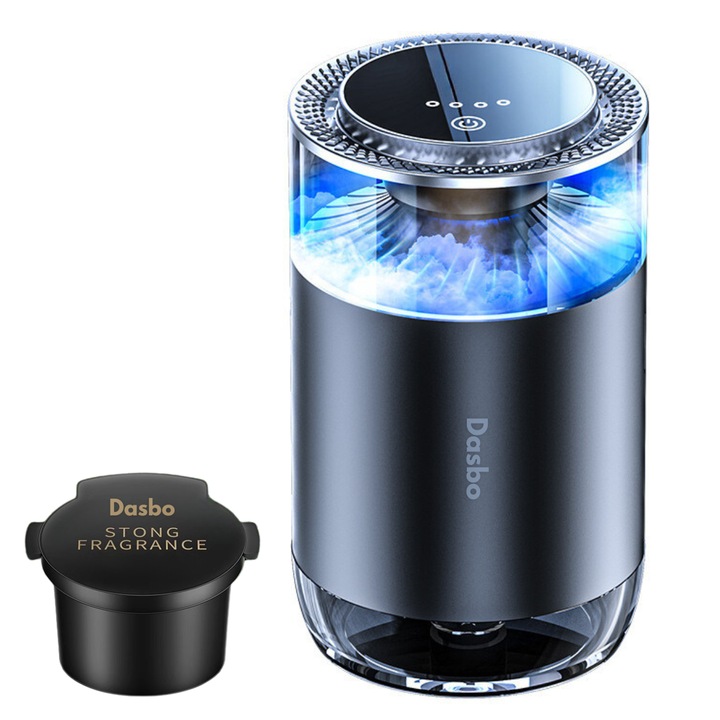 Aparat Profesional de odorizare/ Difuzor parfumare Dasbo®, auto, casa, birou, Portabil cu acumulator 500mAh, Pornire/oprire automata cu 3 trepte de putere, esenta parfum 50ml inclusa, Corp Aliaj USB Type-C, Negru