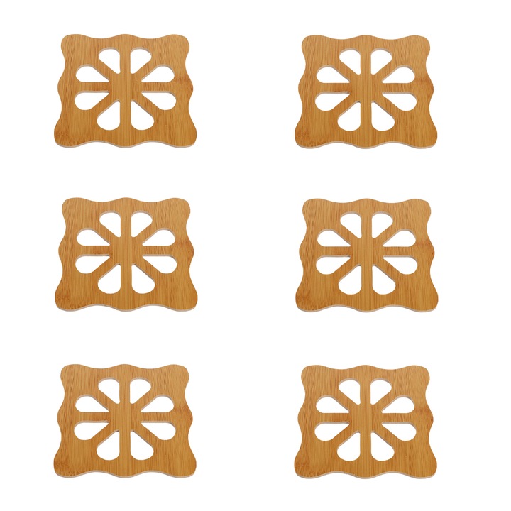 6 db-os fa asztaltartó készlet, hőszigetelő, 14,5x14,5cm