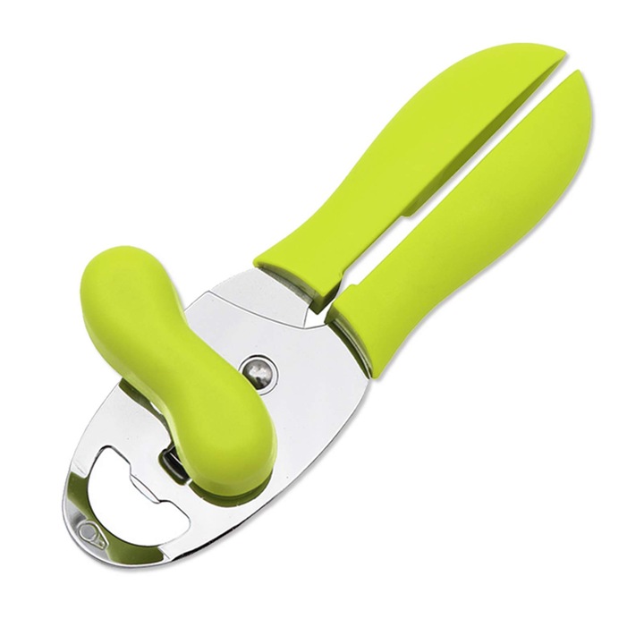 Rozsdamentes acél konzervnyitó ergonomikus nyéllel, csúszásgátló gumival, AMRINUGL, zöld