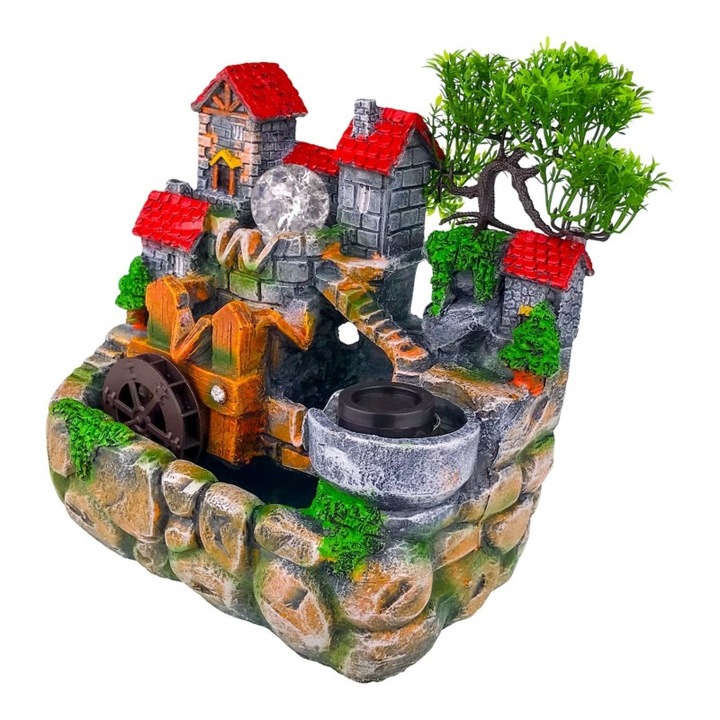 Електрически фонтан, изработен от смола, с топка и пара, с къща и дърво, 30X30 см многоцветен