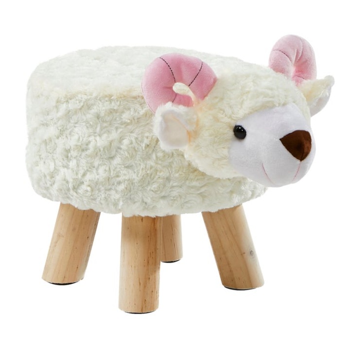 Taburet Oaie fix, rotund, material textil, alb, 40 x 29 x 28 cm