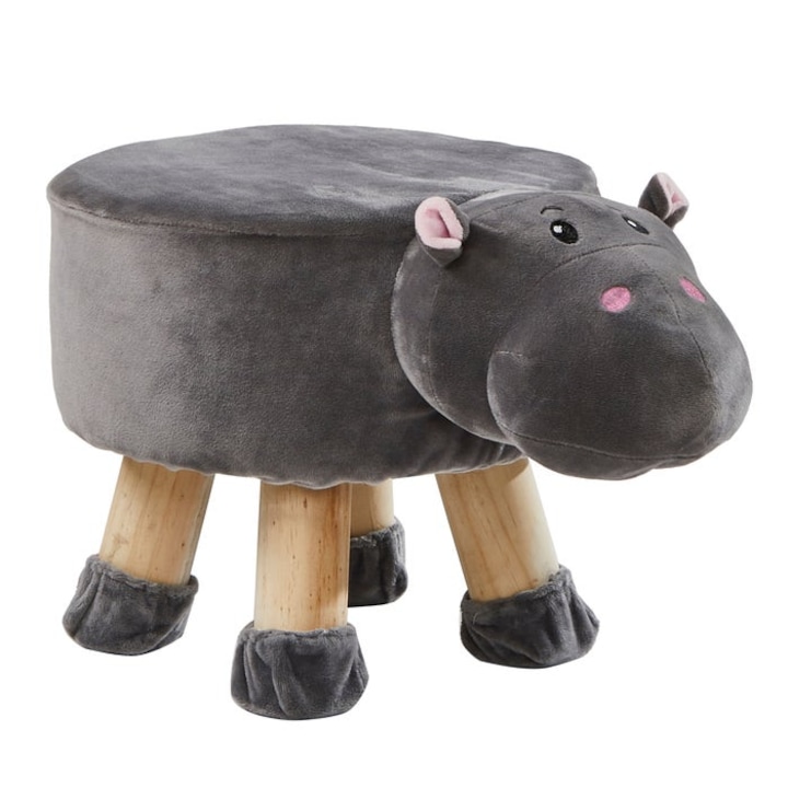 Taburet Hipopotam fix, rotund, material textil, gri, 40 x 27 x 27 cm