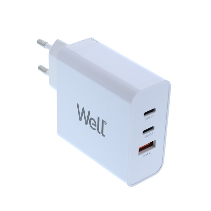 Well hálózati töltő, 1x USB-A QC3.0, 2x USB-C PD 65W, PPS, fehér, táska